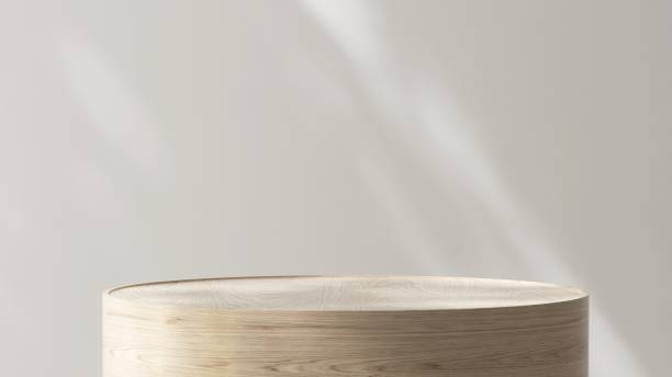 istock Modern, minimal cylinder wooden pedestal table podium in dapple sunlight, shadow on white wall 2164580332
