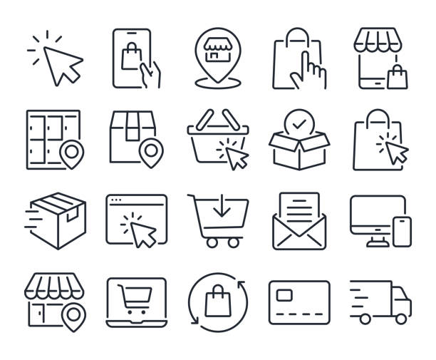 illustrations, cliparts, dessins animés et icônes de cliquez et collectez des achats en ligne modifiables contour de trait icônes ensemble isolé sur fond blanc illustration vectorielle plate. pixel parfait. 64 x 64 - magasin-illustrations