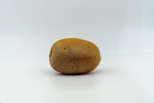A single whole kiwi fruit is shown against a plain white background. It represents freshness and healthy eating concepts
