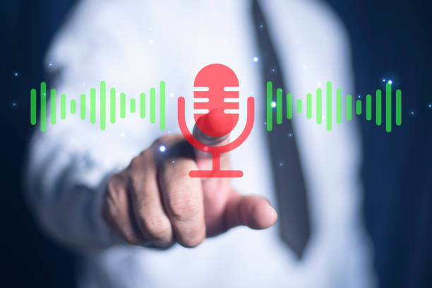 istock Man touching microphone icon. Personal assistant and voice recognition concept. Write a message and send a message, recording the conversation. Use your voice to direct AI to search for information. 2164584765