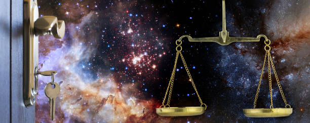 A golden key hangs in a door lock, with a cosmic nebula visible behind it. A set of scales balances precariously, symbolizing the delicate harmony of the universe.