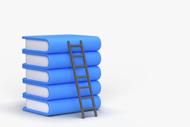 3D rendered ladder leaning against a stack of flying books. A mise-en-scene symbolizing that one can reach the top in life by working.