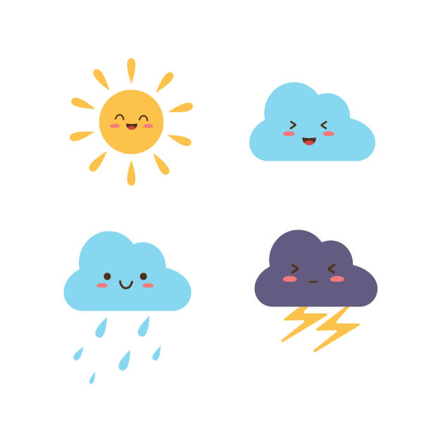 Kawaii weather icons Four different weather icons in kawaii style. Vector illustration in flat style. drawing of angry sun character stock illustrations