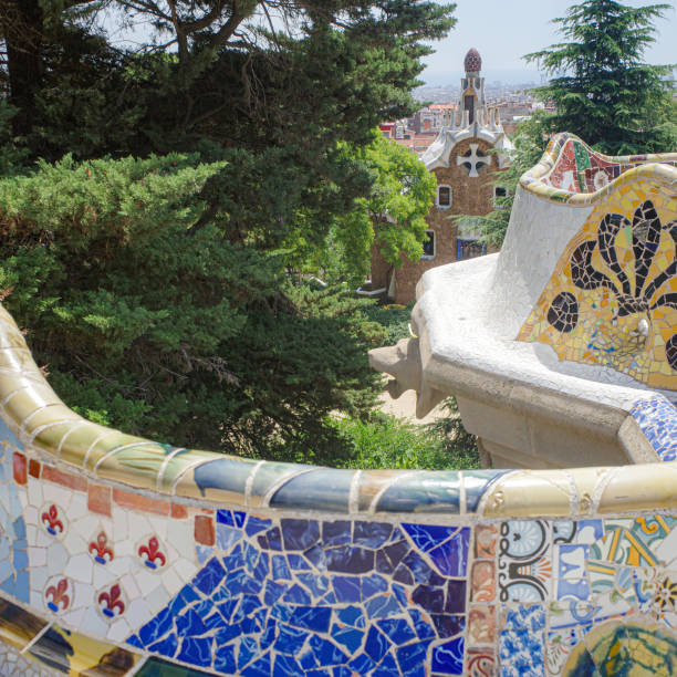 Beautiful view across city to sea from Guell park in Spain in Barcelona, Catalonia, Spain