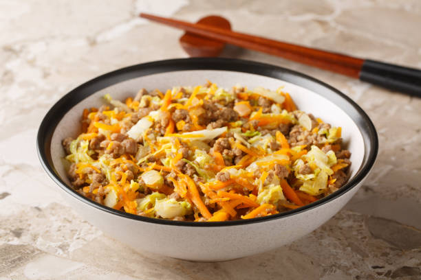 istock Eggroll in a bowl with coleslaw mix and ground beef closeup. Horizontal 2164594707
