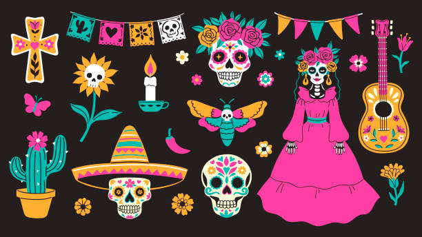 ilustraciones, imágenes clip art, dibujos animados e iconos de stock de ambientación de la cultura mexicana y los elementos del día de muertos. gráficos vectoriales. - dia de muertos