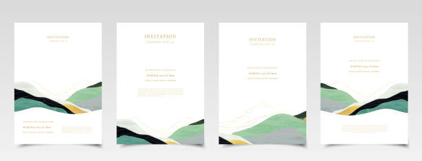 Set of minimalist premium design invitations with mountain landscape. Wedding invitation set. Design template for event flyers. Nature retreat. Collection of abstract backgrounds with waves. Mountains