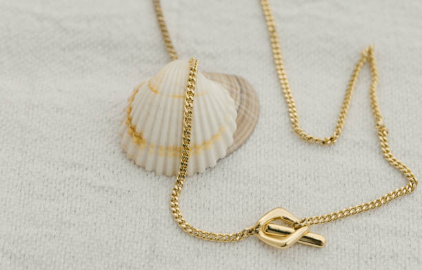 Golden chain necklace with seashell on white background, copy space.
