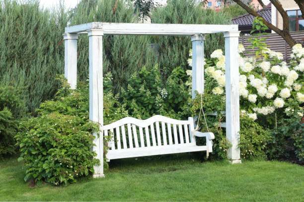 istock White painted wooden bench swing in park. 2164600435