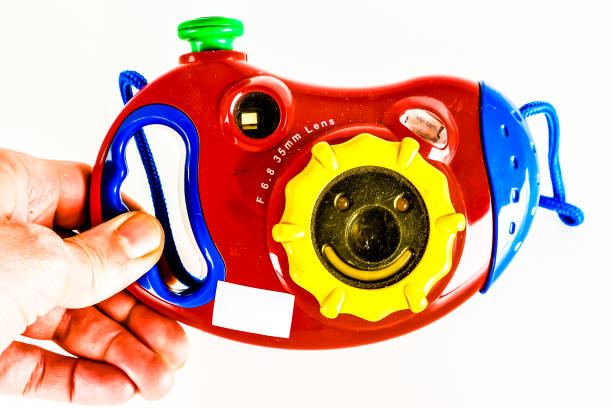 A hand is holding a red, yellow and blue camera. The camera has a smiley face on it
