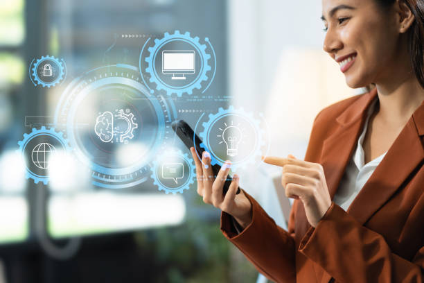 istock Digital marketing media in virtual icon globe shape business open his hand, working touch screen tablet front view. 2164610225