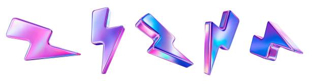 energy-neon-set 3d set neon charger symbol. Holographic sign thunder. Symbol of energy, danger. Minimalistic electrical discharge. Stock vector illustration. thunder bolt 3d stock illustrations