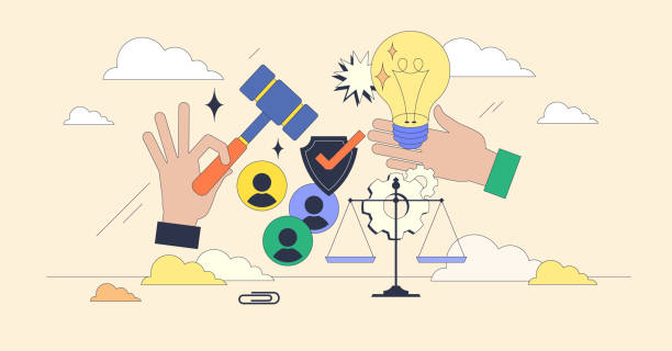 AI governance and regulation for safety tiny person neubrutalism concept AI governance and regulation for safety tiny person neubrutalism concept. Artificial intelligence legal control with clear standards and ethics vector illustration. EU regulation with law guidance. legal ethics stock illustrations