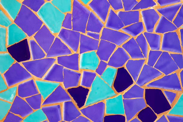 Broken tiles blue broken tiles pattern, wall or flooring decoration . Traditional trencadis decoration, construction, , full frame view. Spain.