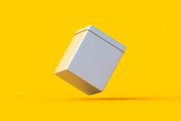 istock Falling tin box for tea, coffee beans or other bulk products on orange background. Kitchen accessories. 3d render 2164628957