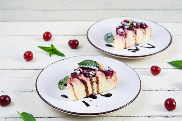 Cottage cheese casserole with cherry and mint. Cheesecake with cherry
