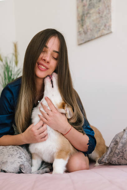 istock young women getting licked by her dog 2164635166