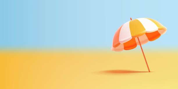 istock Beach umbrella from the sun, 3D. Orange and white umbrella on bright summer background, for recreation, travel, summer concepts. Vector 2164636128