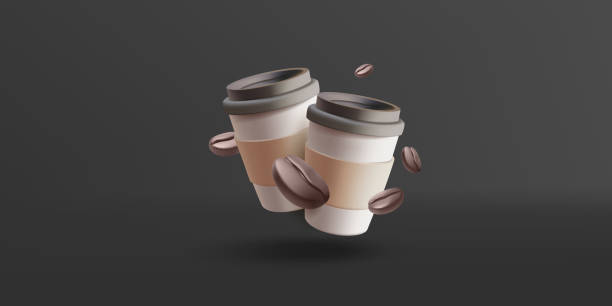 istock Closed paper cups with coffee and coffee beans, 3D. Dark luxury banner for advertising hot coffee drinks. Vector 2164636212
