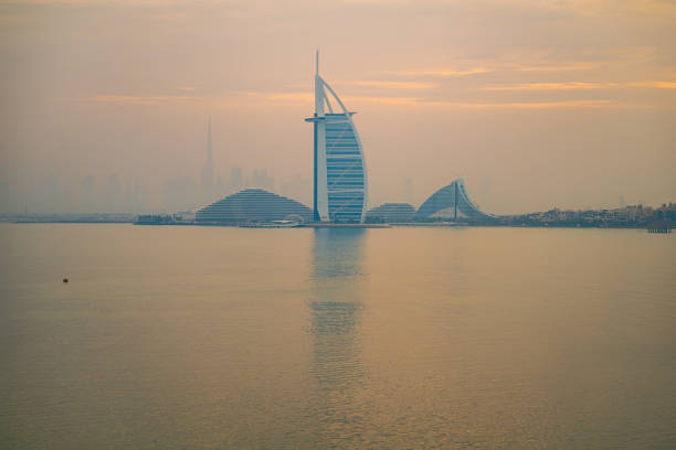 Burj Al Arab in Dubai seen at sunset in United Arab Emirates.