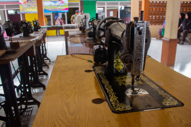 Vintage sewing machines on display