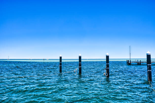 Row of mooring posts with mooring ropes in an azure blue sea, Denham, Western Australia