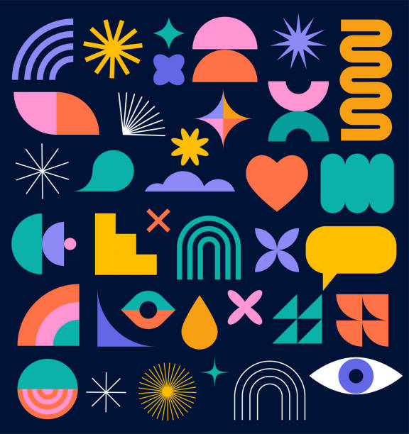 minimalist geometric elements collection, abstract hand drawn bauhaus forms and basic shapes. trendy graphic element vector set - geometrik şekil stock illustrations