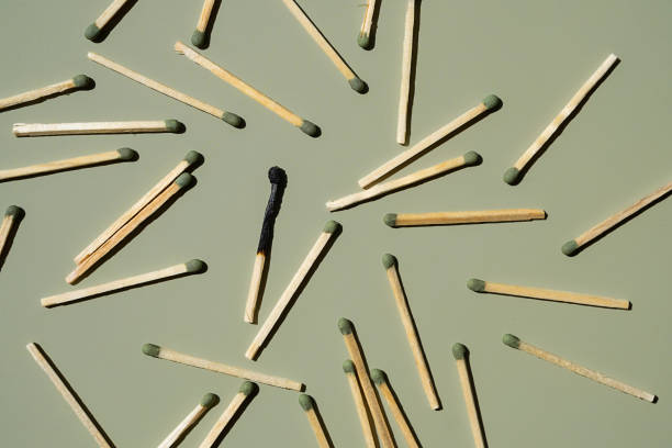 Scattered matches with one burnt matchstick on light green background.