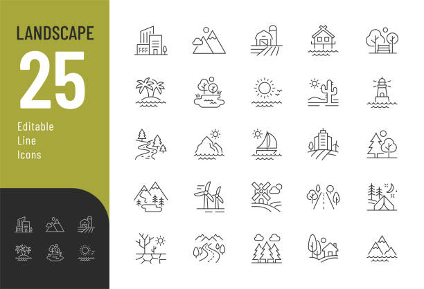 Vector illustration in modern thin line style of nature related icons: sea, lake, river, forest, and more. Pictograms and infographics