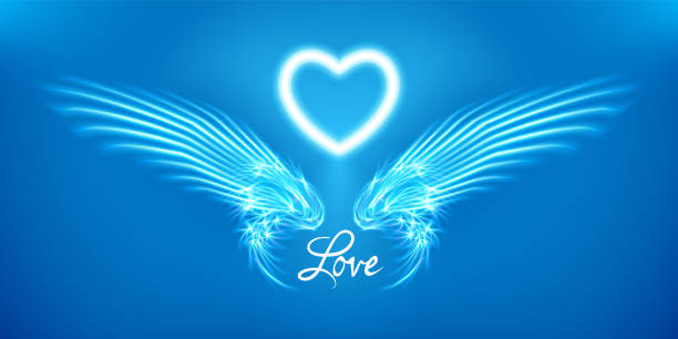 istock White angel wings and heart on blue background. Glowing fantasy, Valentines day attribute. Inscription love. Happy greeting card silhouette illuminated luxury glow. Design illustration. 2164655116