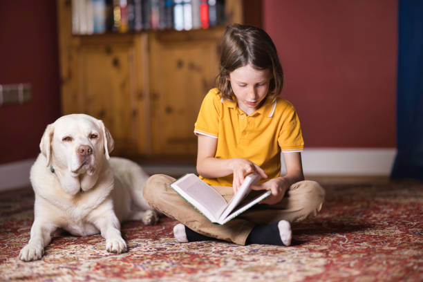 istock Seven-year-old boy sitting on the floor reading 2164657614