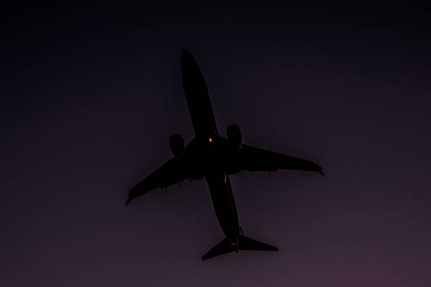 A plane is flying in the sky at night