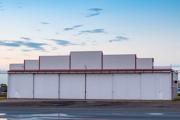 Aircraft hangar outside on an early summer morning