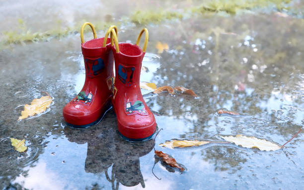 istock Children's red rubber boots in a puddle in autumn 2164664646