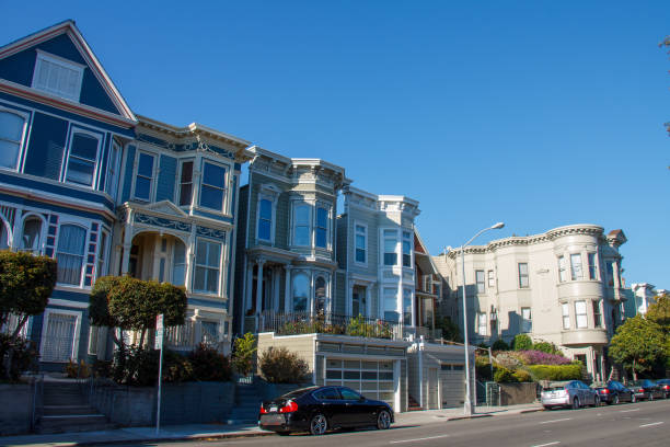 Facade of typical houses in San Francisco during springtime day