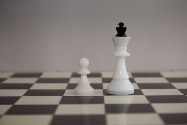 istock White chess king and a white pawn side by side on a chessboard close-up, pawn and king, opposite chess pieces. 2164669774