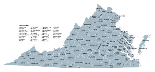 ilustraciones, imágenes clip art, dibujos animados e iconos de stock de estado de ee. uu. condados y ciudades de virginia, mapa político gris - zona-urbana