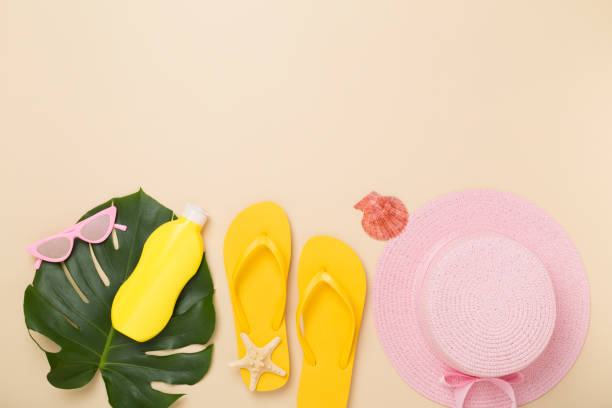 istock Flat lay with colorful beach accessories on color background. Vacation concept 2164673515