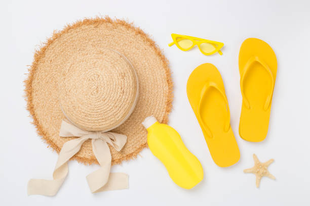 istock Flat lay with colorful beach accessories on color background. Vacation concept 2164673538