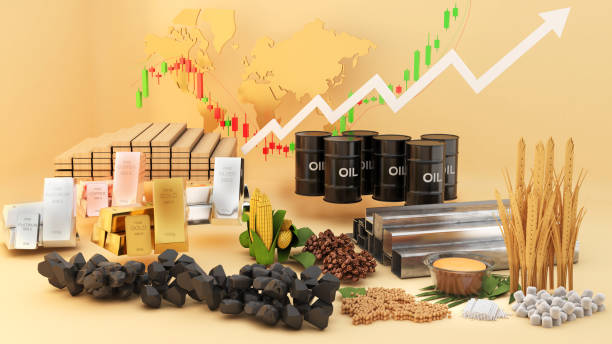 istock Commodities such as coal tar, gold, cotton, corn, sugar, soybeans, and iron on white background ,Commodity business,3d rendering 2164674056