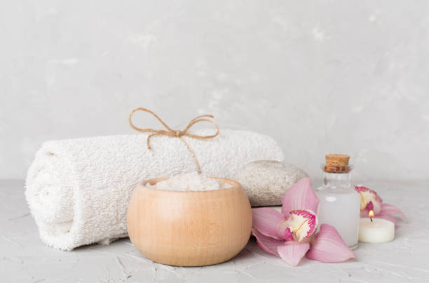 istock Composition with orchids, spa products on concrete background 2164674057