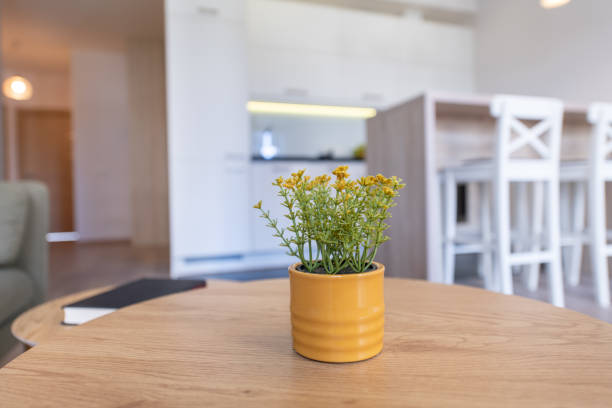Flower on the Table. Blurry Home Interior. Kitchen Area in Background. Home