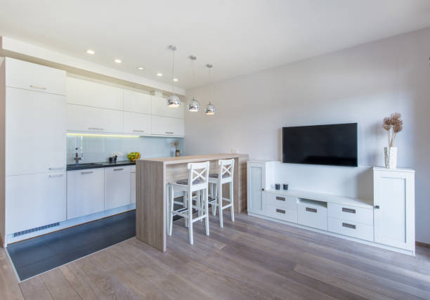 istock Modern Home Living Room and Kitchen Interior. Luxurious Stylish Modern Apartment. Open Interior, Stylish Sofa, White Furniture, Scandinavian Design 2164679201