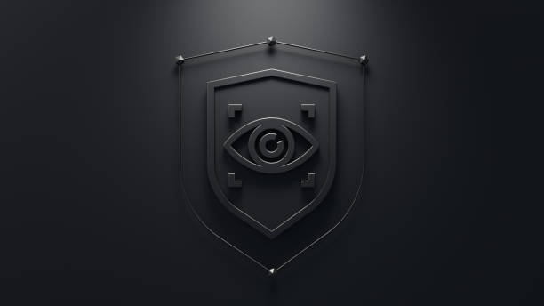 istock Security solutions, monitoring and analysis concept. Abstract shield with an eye and scanner symbols in the middle. 2164682832
