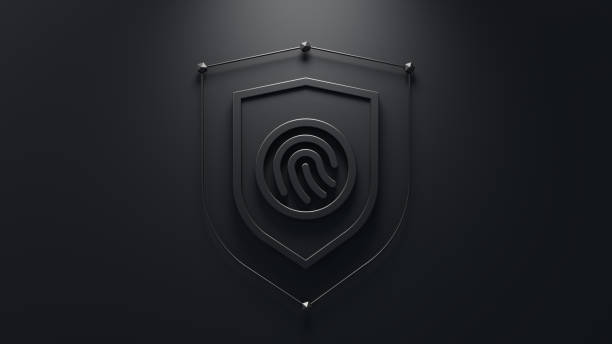 istock Security solutions concept. Abstract shield with fingerprint symbol in the middle. Minimalistic 3d concept. 2164682853