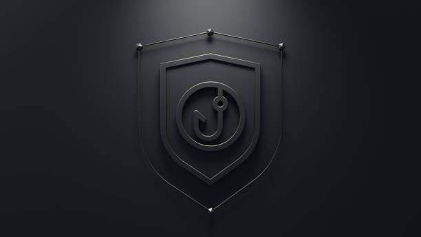 istock Security solutions concept. Abstract shield with phishing hook symbol in the middle. Minimalistic 3d concept. 2164682869