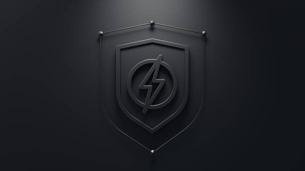 istock Security solutions concept. Abstract shield with lightning symbol in the middle. Minimalistic 3d concept. 2164682936