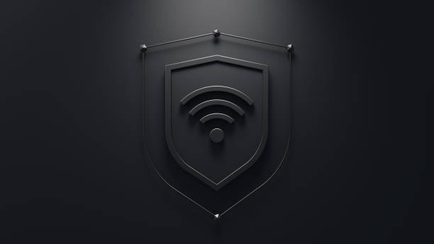 istock Security solutions concept. Abstract shield with wi fi symbol in the middle. Minimalistic 3d concept. 2164682979