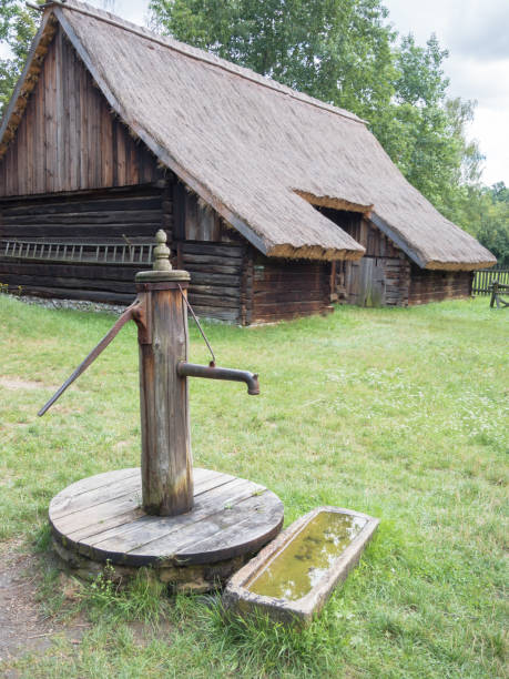 A traditional well with a hand pump, situated in a grassy area. In the background is a wooden house.