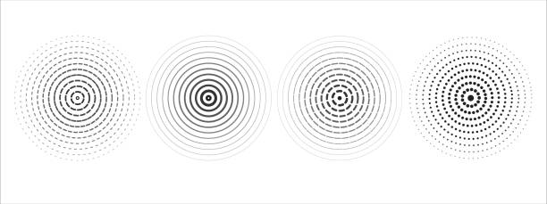 A set of black sound wave rings, of interrupted lines and dots . Rings with radial lines. Target icon, epicenter.  Concentric vortex circles. Vector illustration